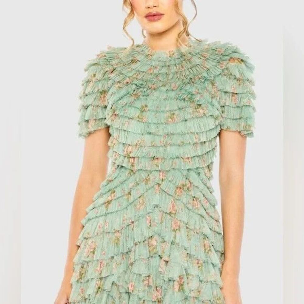 Mac Duggal 8014 Green Floral Mesh‎ Ruffle High Neck Midi Dress NWT $798 - Picture 2 of 9